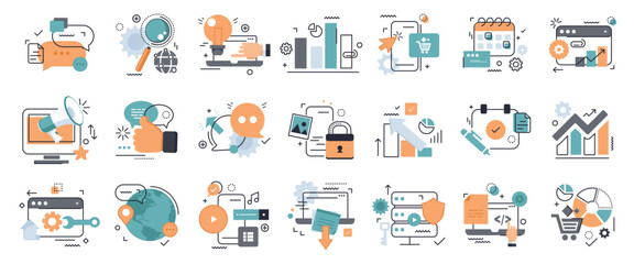 Wall Mural - Vector illustration set business concept, digital marketing, data analysis, security, communication. 