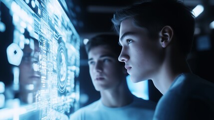 Two young software developers are working together, analyzing code displayed on a futuristic transparent screen in their dark modern office at night, illuminated by the glow of the screen
