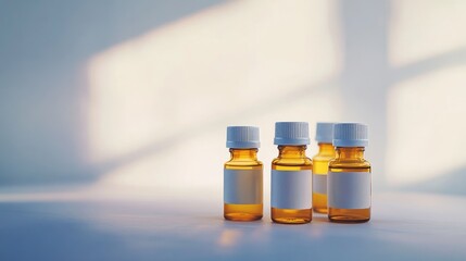 Sticker - small stack of Empty medicine bottles, all with identical, (No label), placed neatly on a white surface.