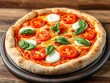© hyperbleh - Close-up of a freshly baked Margherita pizza, topped with fresh mozzarella, basil leaves, and tomatoes, perfect for Italian cuisine enthusiasts enjoying an authentic and appetizing meal.