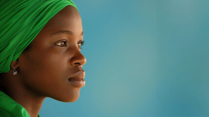 Wall Mural - A stunning young woman wears a vibrant green head wrap, showcasing her beauty and unique style in this captivating portrait.