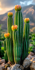 Canvas Print - Tall cactus with multiple orange flowers blooming in the desert sunset.