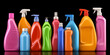 © HQAsset - Colorful Cleaning Product Bottles, A Vibrant Display of Household Cleaners on Black Background