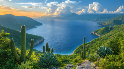 Wall Mural - Scenic coastal landscape at sunset, featuring cacti, agave plants, and a tranquil bay surrounded by lush green hills.