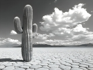 Canvas Print - Lone saguaro cactus in monochrome desert landscape under a cloudy sky.