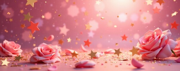 Wall Mural - Light rose backdrop strewn with gold star confetti, celebratory feel , party, vibrant