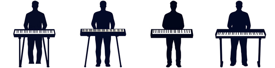 Wall Mural - Music icon silhouette instrument and minimal, Three stylized figures playing electronic keyboards, highlighting a musical performance with a modern aesthetic.