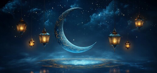 Wall Mural - A serene night scene featuring a crescent moon and glowing lanterns.