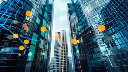 Poster - Downtown office buildings reflect the city lights in their glass windows, creating a futuristic cityscape at night