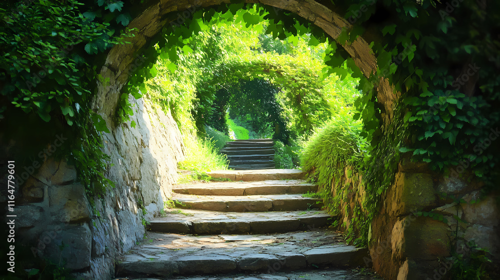 Stone archway leading into verdant forest a lush mystical entrance with ...