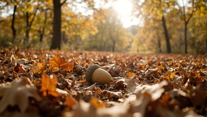 Wall Mural - golden acorn on autumn leaves in soft sunlight