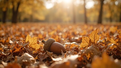 Wall Mural - golden acorn on autumn leaves in soft sunlight