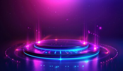 Poster - Illuminated Circular Platform Neon Lights Cosmic Background
