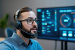 © MP-AI - Concept of measuring customer service satisfaction. A professional man with a headset engages with technology, indicating a focus on data analysis or customer support.