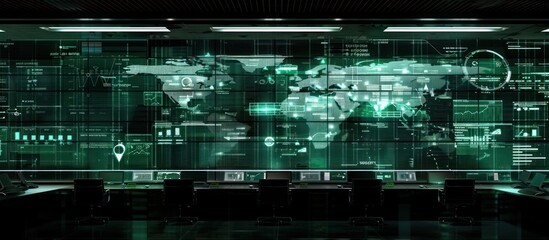 Wall Mural - global network data visualized on a large screen in a dark control room.