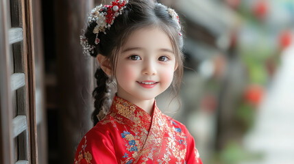 Wall Mural - Cute little chinese girl in red carnival dress smiling on white background, asian child, holiday