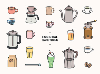 Wall Mural - a collection of coffee supplies and various drinks. simple outline object illustration.