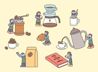 Wall Mural - cute little barista characters making coffee. various tasks of making coffee. cuttiny character with