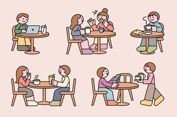 Wall Mural - many people meet friends at cafes, chat, go on dates, drink coffee, or work. cuttiny character with 