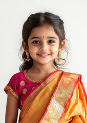 Wall Mural - cute little indian girl in elegant sari smiling on white background