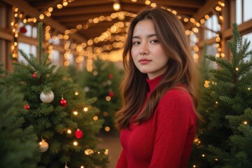 Young Woman Posing in Cozy Holiday Setting Surrounded by Trees