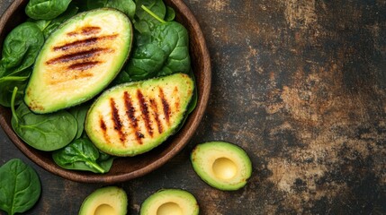 Grilled Avocado Halves on a Bed of Fresh Spinach Leaves Styled on Rustic Dark Background for Healthy Eating Concept and Culinary Inspiration