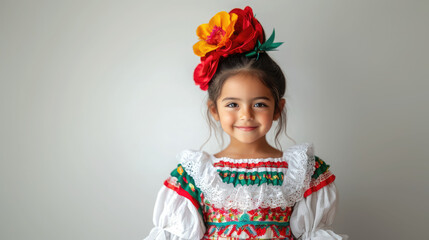 Wall Mural - Cute little mexican or spanish girl in elegant white red and green dress smiling on white background