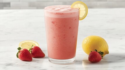 Wall Mural - Refreshing strawberry lemonade in a tall glass with fruit garnish.