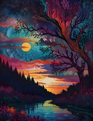 Wall Mural - A vibrant landscape features a river reflecting a colorful sunset with a dramatic sky filled with hues of blue, orange, and purple. Silhouetted trees frame the scene, adding depth and contrast 
