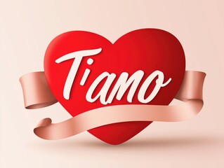 3D red heart with beige ribbon and 'Ti Amo' inscription for a romantic concept