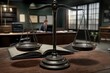 © zafira - Vintage Scale of Justice on a Wooden Desk with Open Law Book in Lawyer's Office Background Reflecting Legal Practice and Courtroom Environment