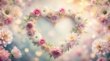 Heart-shaped floral arrangement of pastel roses, dahlias, and chrysanthemums, romantic and delicate, perfect for Valentine's Day or wedding invitations