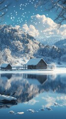 Wall Mural - a peaceful winter scene, white clouds and a clear blue sky with a few birds against the mirror-like water, there was a strange house covered with snow, trees surrounded by snow.