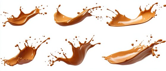 Fototapete - Six Caramel Liquid Splashes Isolated on White.