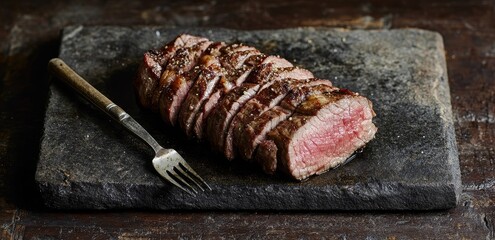 Wall Mural - Sliced grilled steak on dark stone board with fork.