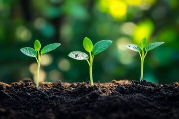 Poster - Three young plants growing in rich soil, sunlight.