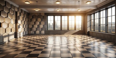 Wall Mural - Sunlit interior space with hexagonal wall design and checkered floor