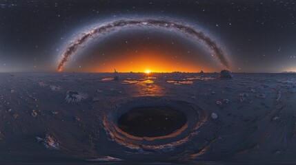 Wall Mural - 360 panorama of milky way galaxy over cratered alien planet surface at sunset.