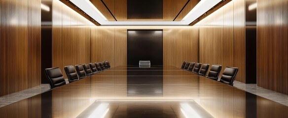 Modern boardroom with sleek wooden walls, long table, and black leather chairs.