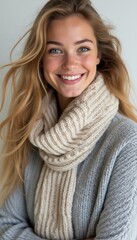 Canvas Print - A cheerful young woman with long, flowing hair smiles warmly, wrapped in a soft, knitted scarf and a cozy sweater. Her bright blue eyes and genuine smile radiate warmth and comfort, perfect for a