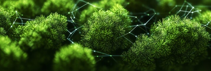 Futuristic Digital Network with Evergreen Foliage Integration - 3D Cartoon Illustration for Banners and Websites