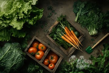 Poster - Fresh organic vegetables in wooden crates.