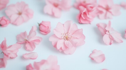 Wall Mural - Delicate pink flowers are scattered across a clean white background, creating a serene and calming visual experience that highlights nature's beauty