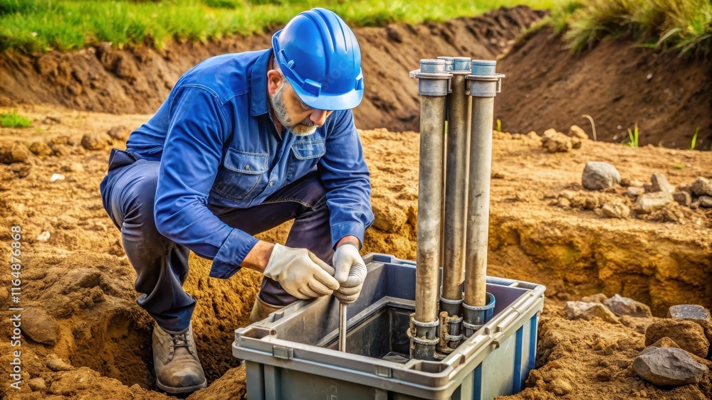 Driller collecting soil samples in plastic core box, driller, soil ...