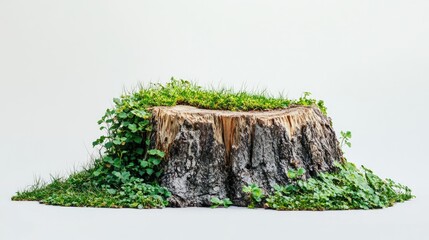 Side profile of a tree stump with green grass growing around it, displayed on a plain white backdrop, focusing on texture and natural details