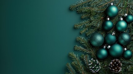 Wall Mural - Elegant teal Christmas decorations with pine branches