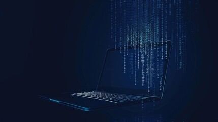 Wall Mural - a laptop emitting digital binary code in a dark environment, symbolizing technology and data.