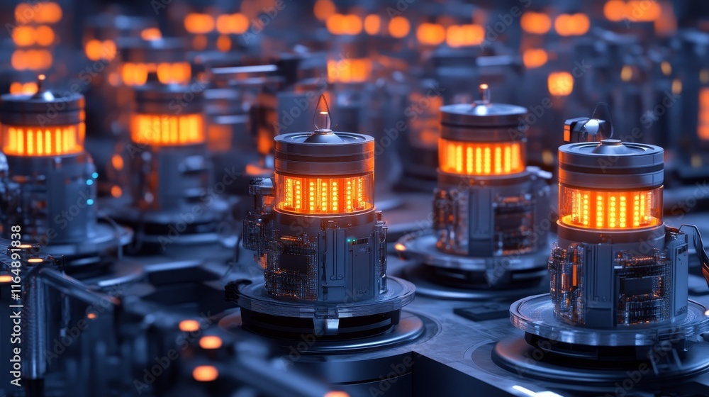 Massive industrial energy storage facility with glowing power cells and ...