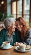 © natakot - A joyful grandmother and her granddaughter share a tender moment in a cozy café, surrounded by warm light and delicious treats. Their smiles radiate love and connection, highlighting the beauty of