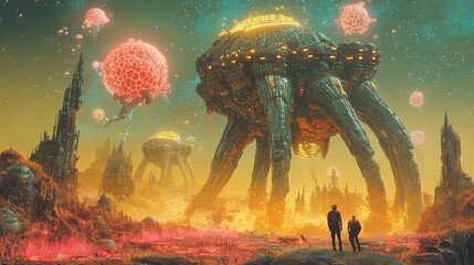 Wall Mural - Gigantic mechanical structures extracting resources from a glowing alien terrain